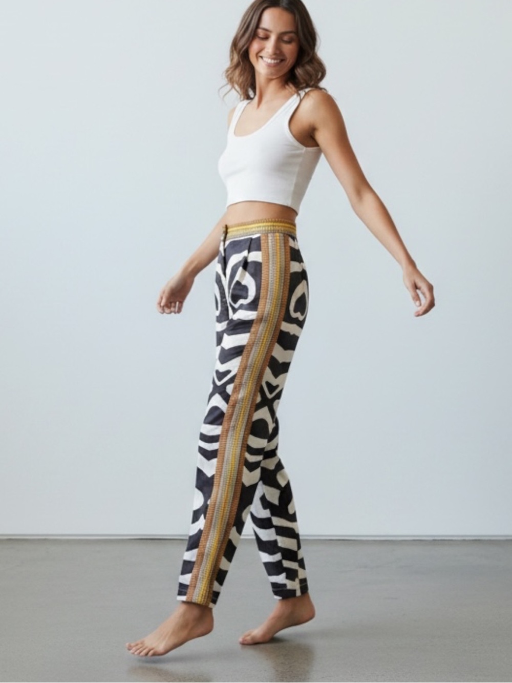 Black White Abstract Print Side Stripe Pants Small XS High Waist